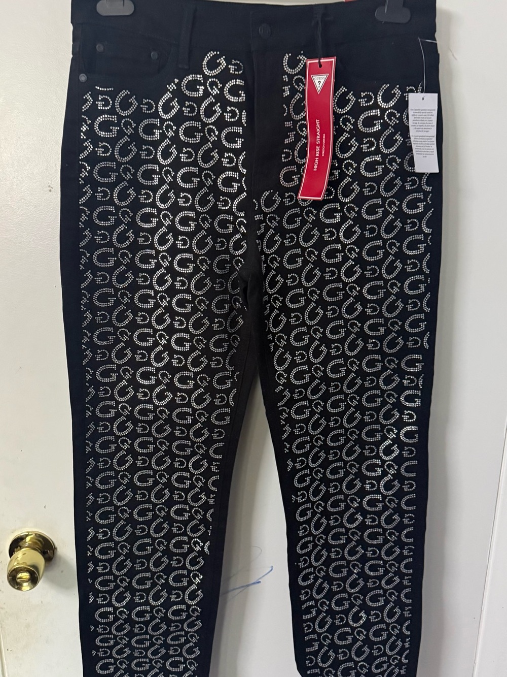 Guess Black Jeans with Red Logo Label and Rhinestone Detail